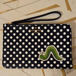 Kate Spade Navy Blue White Polka Dot Wristlet Green Inchworm AUTHENTIC  NWOT